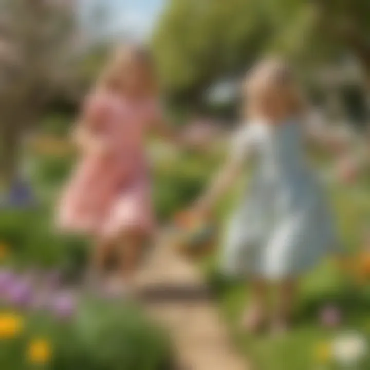 Children joyfully hunting for Easter eggs in a vibrant garden