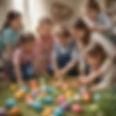 Collaborative Indoor Egg Hunt Fun Children working together to find hidden Easter eggs indoors