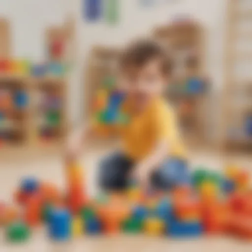 Young child playing with colorful building blocks creatively