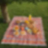 A vibrant picnic blanket laid out beneath a shady tree, adorned with a selection of gourmet snacks and refreshing drinks.