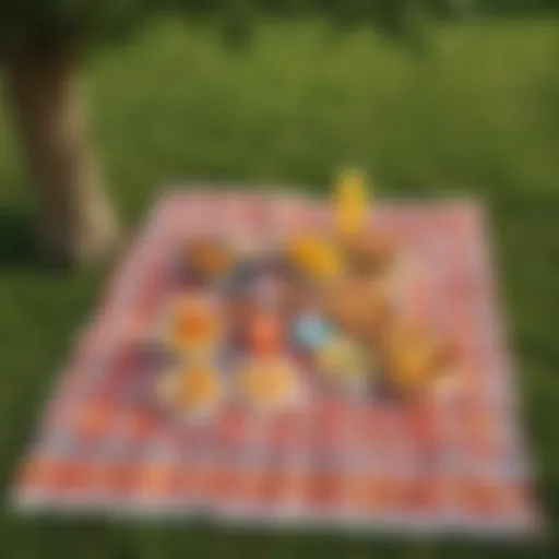 A vibrant picnic blanket laid out beneath a shady tree, adorned with a selection of gourmet snacks and refreshing drinks.
