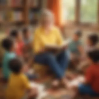 Illustration of a parent or teacher reading a story to a group of attentive pre-K students