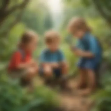Discovering Nature Children engaged in nature exploration with magnifying glasses