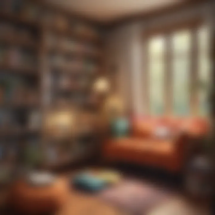 A cozy reading nook filled with vibrant books and cushions, inviting first graders to explore literature.