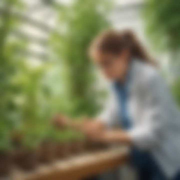 Young student observing plant growth in a controlled environment