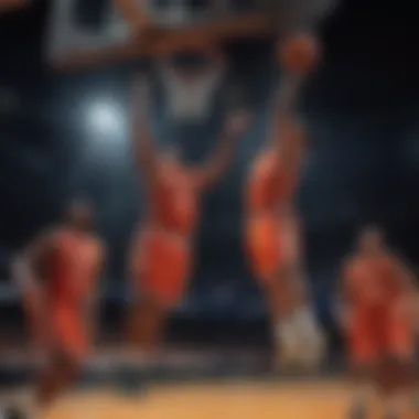 Dynamic Play: Athletes Engage under Rim Lights Players in action under rim lights