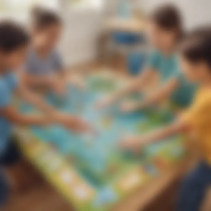 Elementary students playing handwashing-themed board game