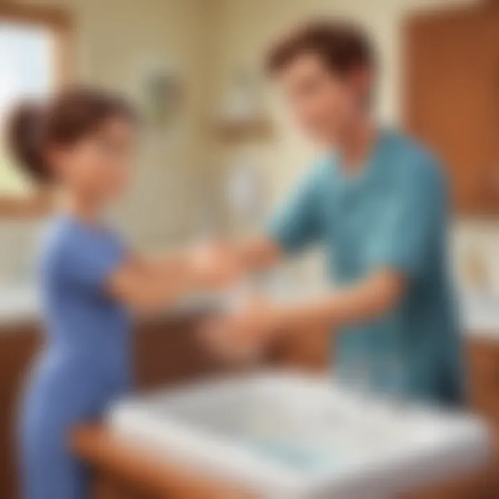 Cartoon characters demonstrating proper handwashing technique