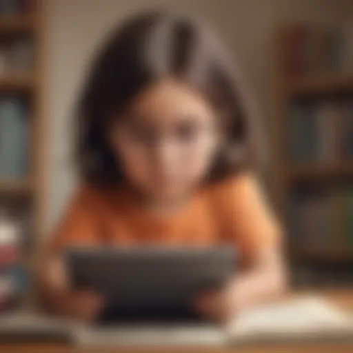 Illustration depicting a child engrossed in reading with digital tablet