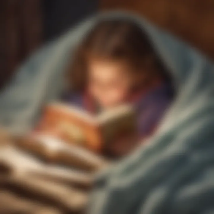 A child engrossed in reading a book under a cozy blanket