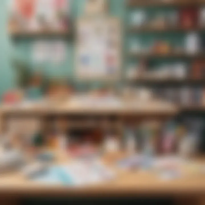A workspace featuring a card being designed and decorated