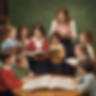 Illustration of a teacher guiding a group of children in music reading practice