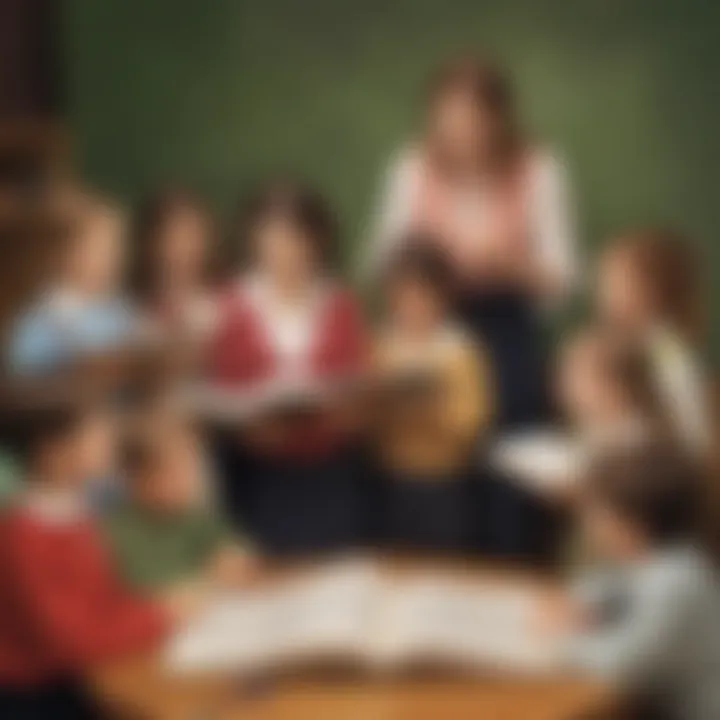 Illustration of a teacher guiding a group of children in music reading practice