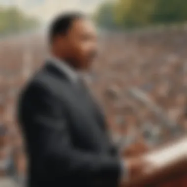 Portrait of Martin Luther King Jr. delivering a speech.