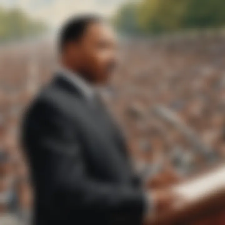 Portrait of Martin Luther King Jr. delivering a speech.