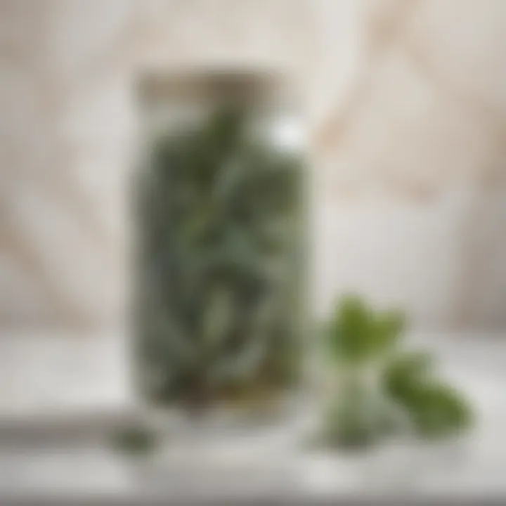 Eucalyptus leaves in glass jar on marble countertop