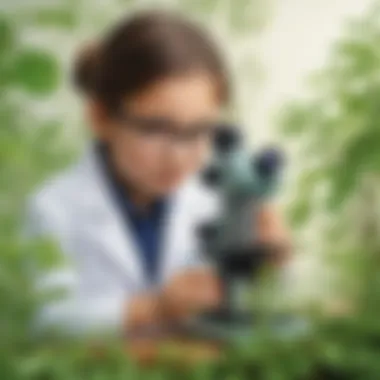 Young scientist examining plant growth under a microscope