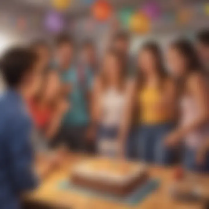 Exciting moment of teens gathered around in anticipation during a birthday party game