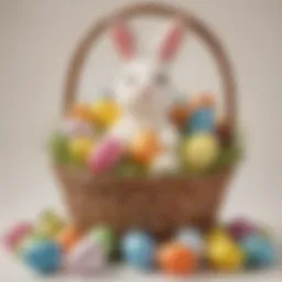 Basket filled with colorful Easter eggs and bunny plush toy