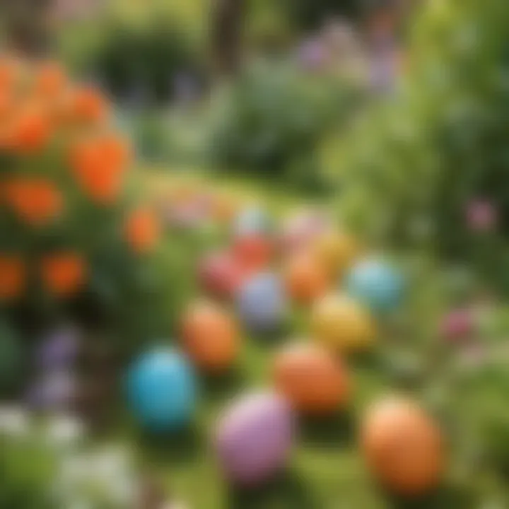 Colorful Easter eggs hidden in a garden setting