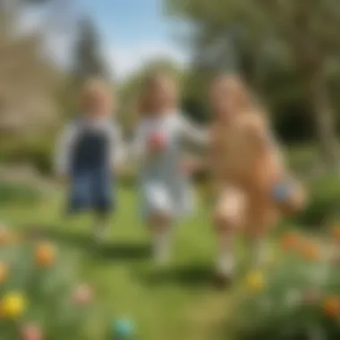 Joyful Kids Hunting Easter Eggs in Garden Joyful Kids Hunting Easter Eggs in Garden