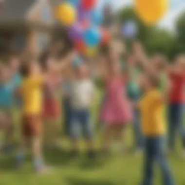 Group of kids enthusiastically playing balloon pop game