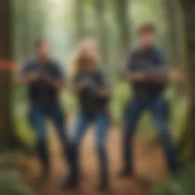 Group of four enjoying a competitive game of outdoor laser tag