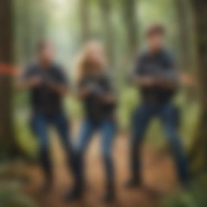 Group of four enjoying a competitive game of outdoor laser tag