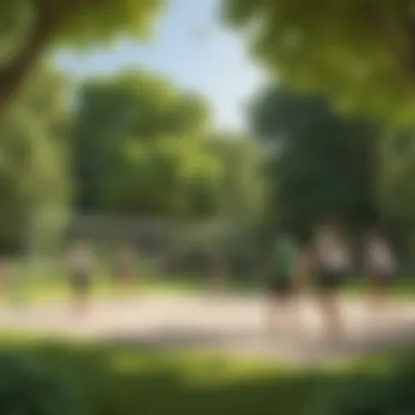 Dynamic Volleyball Match in a Picturesque Park Setting Four friends playing volleyball in a lush green park