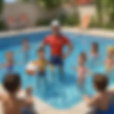 Children learning pool safety rules with animated characters