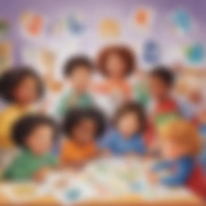 Illustration showing a diverse group of preschoolers engaging with alphabet sheets