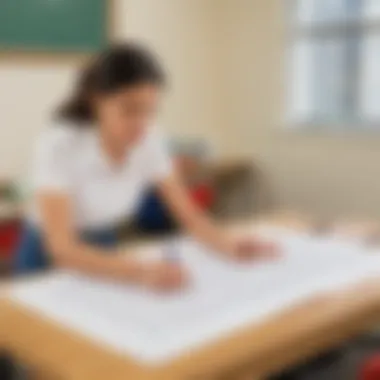 Educator Utilizing Tracing Sheets in Teaching Teacher using alphabet tracing sheets in a classroom setting