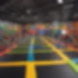 Vibrant trampoline park filled with colorful trampolines and joyful children playing