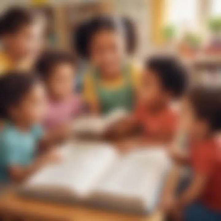 Illustration of a diverse group of kindergarten children sharing and discussing a paper book