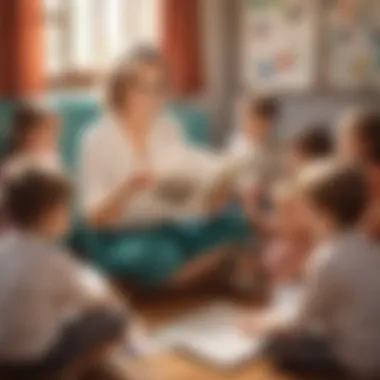 Illustration of a kindergarten teacher reading a paper book aloud to a captivated group of children