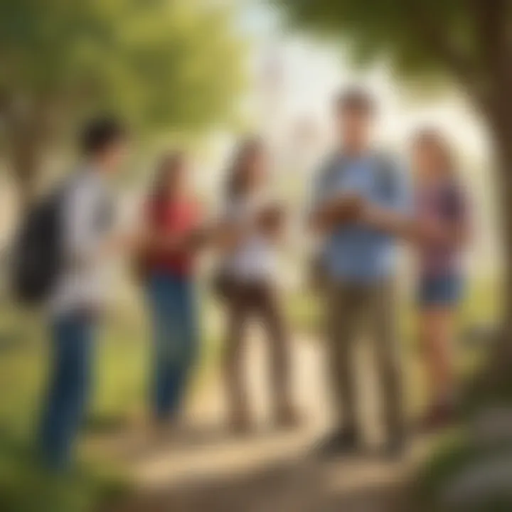 A group of students participating in a Bible scavenger hunt outdoors.