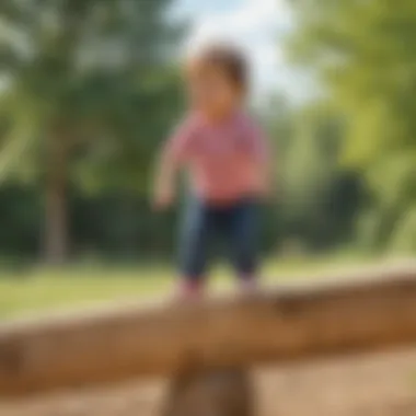 Preschooler balancing on a wooden beam during outdoor play