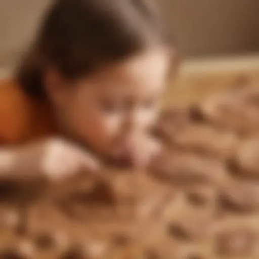 A child exploring the sensory properties of brown play dough with various textures.