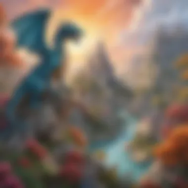 Fantasy realm with dragons and castles on digital coloring page