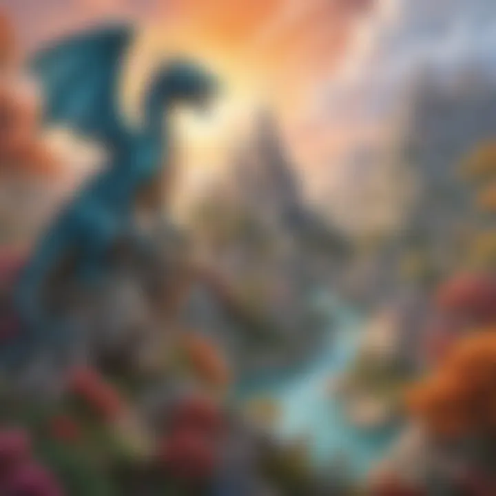Fantasy realm with dragons and castles on digital coloring page