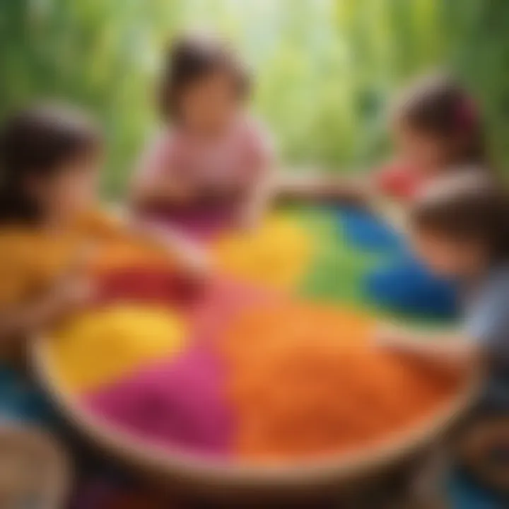 Children engaging in sensory play with colourful rice