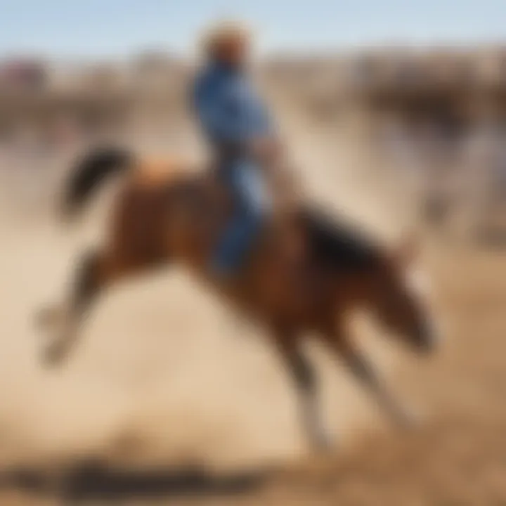 Cowboy riding a bucking bronco in a dusty arena