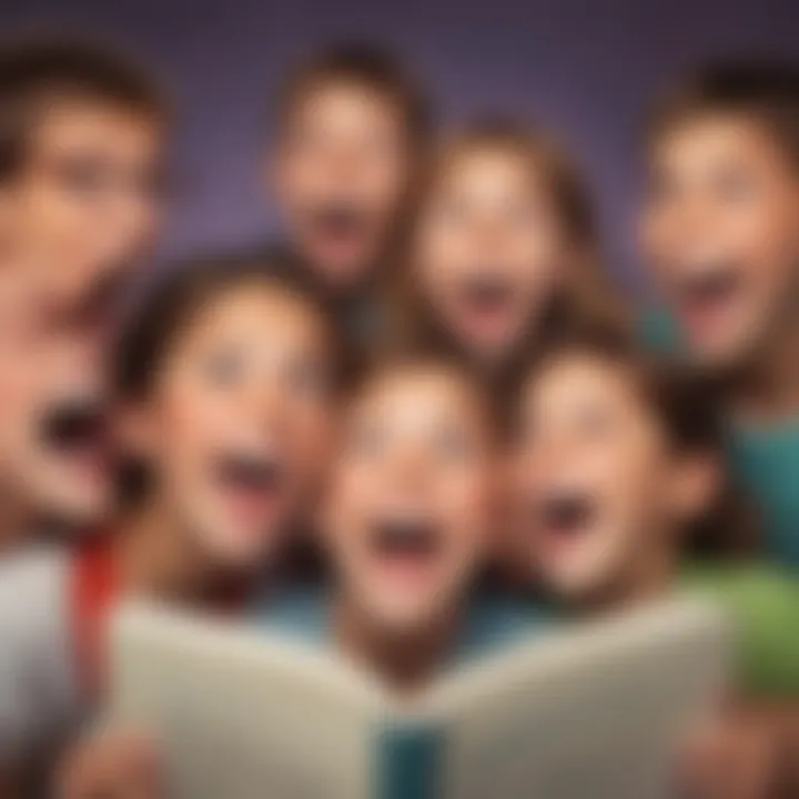 A whimsical representation of children laughing and engaging through jokes.