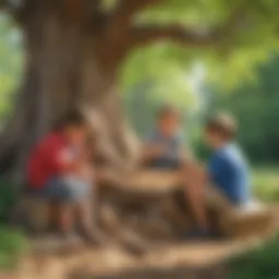 Kids crafting with natural materials under a tree
