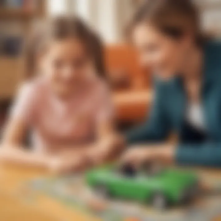 Parent and child playing an educational car game together