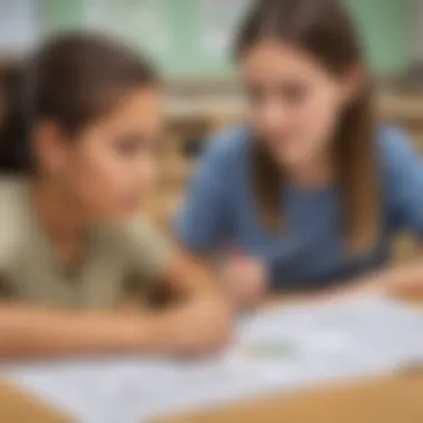 Reviewing Student Progress in Fraction Comprehension Teacher reviewing student progress using fraction worksheets