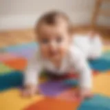 Infant enjoying tummy time on a colorful play mat