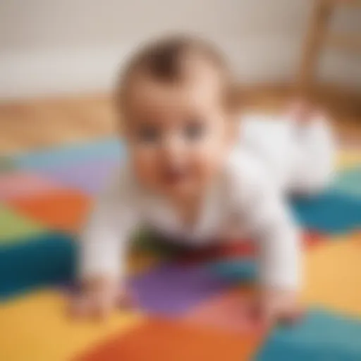 Infant enjoying tummy time on a colorful play mat