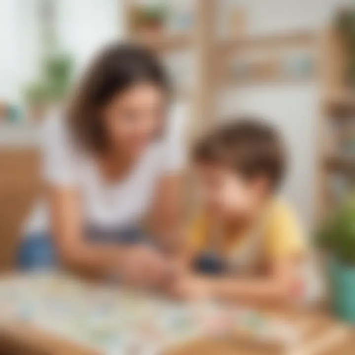 A caregiver and a child engaging in a fun word game at home