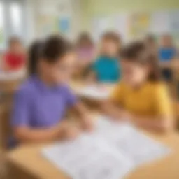 Children engaged in a dynamic classroom activity using number worksheets